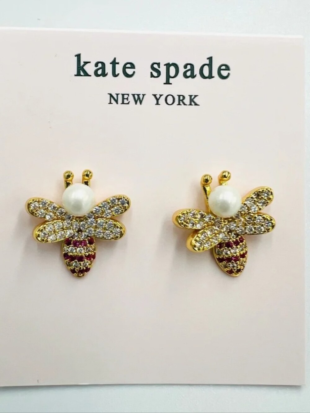 kate spade Gold Bee Crystal & Pearl Stud Earrings with Red Accent